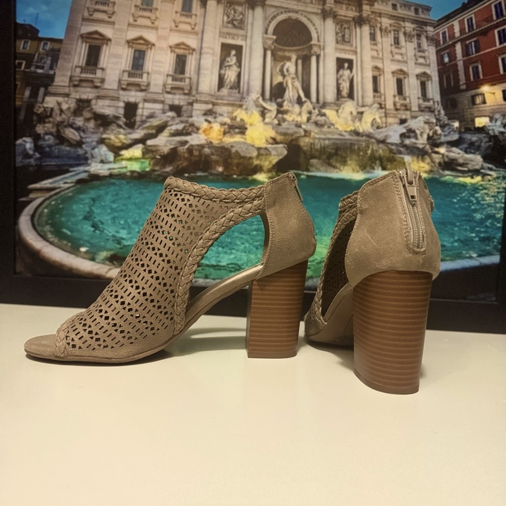 Extraordinary tan peep-toe wedges with a 4.25" Heel